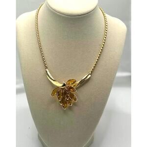 Vintage Amber Necklace – Gold Tone Genuine Honey Amber Pendant – Boho Glam